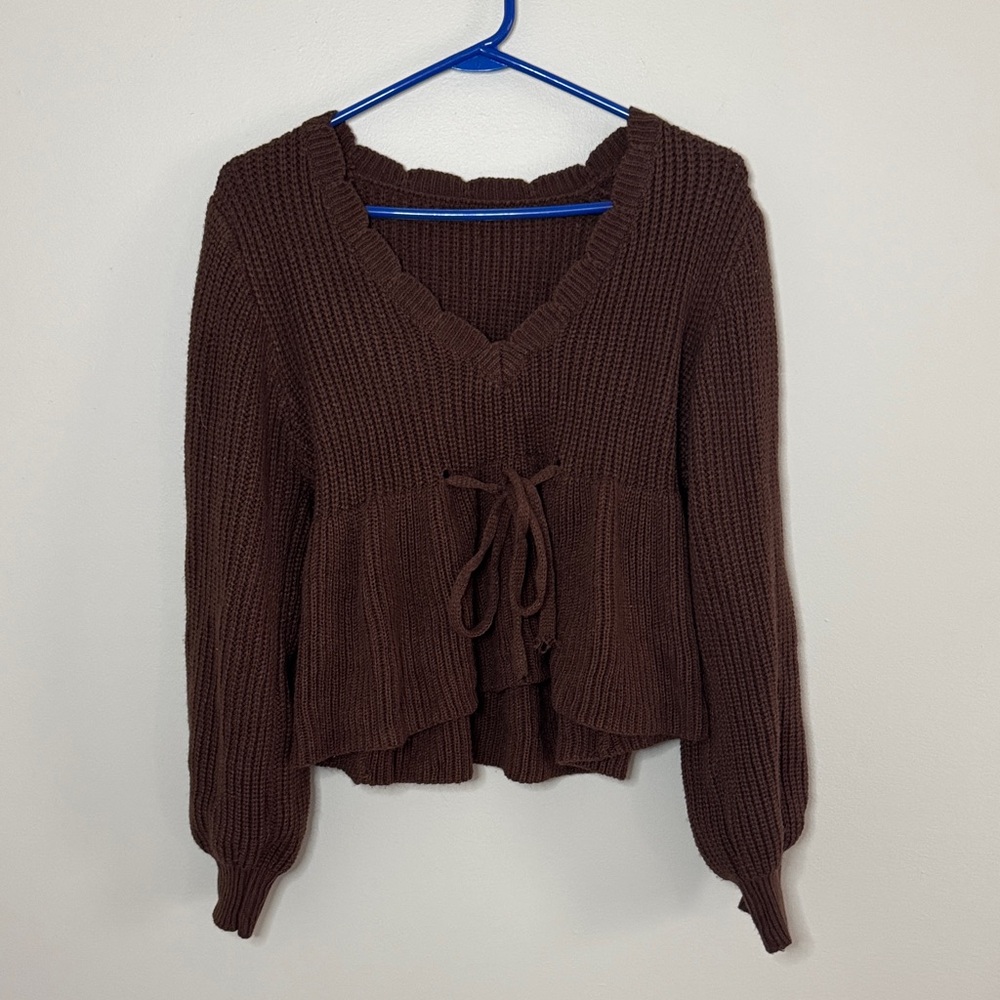 Women's Brown V-Neck Knit Sweater with Tie Waist